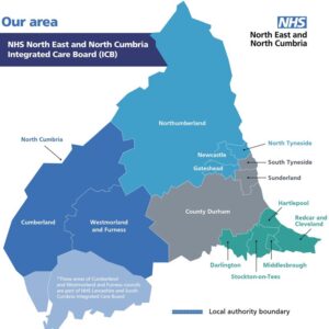 An NHS map showing the North of England divided into the 14 Healthwatch areas