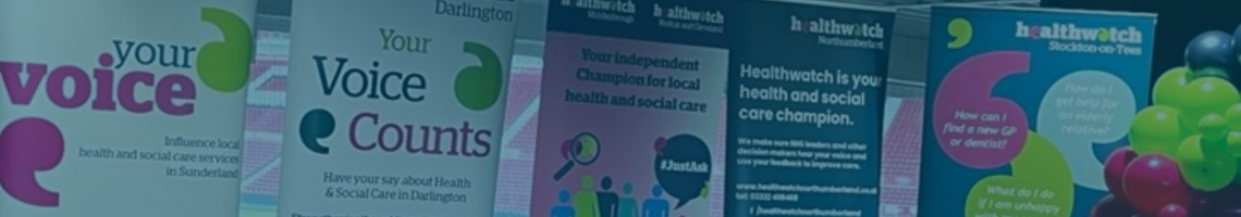 A photo of several pull up banners depicting text from various North East Healthwatch